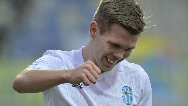 Jakub Nečas z Mladé Boleslavi se raduje z první branky utkání. Jakub Nečas z Mladé Boleslavi se raduje z první branky utkání.