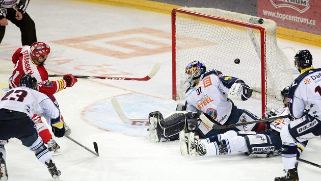 Slávistický útočník Jan Stránský překonává gólmana Vítkovic Daniela Dolejše. Slávistický útočník Jan Stránský překonává gólmana Vítkovic Daniela Dolejše.