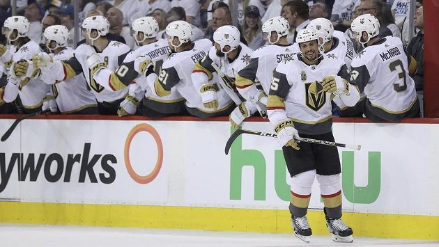 Střídačka vegaských Rytířů slaví gól Ryana Reavese na ledě Winnipegu. Střídačka vegaských Rytířů slaví gól Ryana Reavese na ledě Winnipegu.