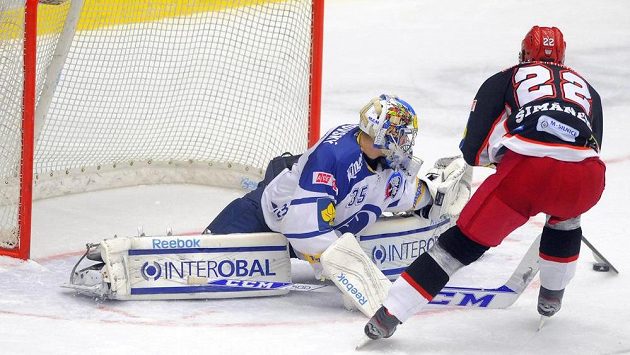 Hradecký útočník Jiří Šimánek před brankářem Plzně Matějem Machovským. Hradecký útočník Jiří Šimánek před brankářem Plzně Matějem Machovským.