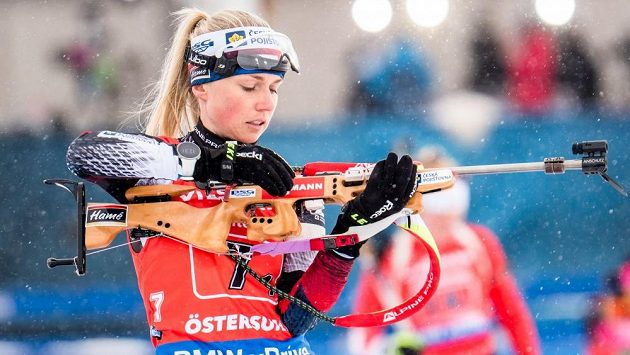 Eva Puskarčíková během štafetového závodu žen na MS v Östersundu. Eva Puskarčíková během štafetového závodu žen na MS v Östersundu.