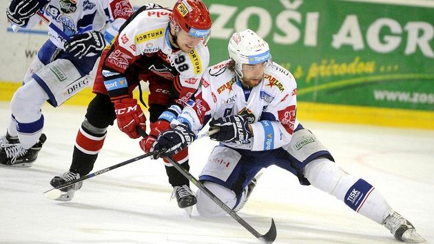 Zleva vpředu Radovan Pavlík z Hradce Králové a Hynek Zohorna z Brna v souboji během šestého semifinále play off hokejové extraligy. Zleva vpředu Radovan Pavlík z Hradce Králové a Hynek Zohorna z Brna v souboji během šestého semifinále play off hokejové extraligy.