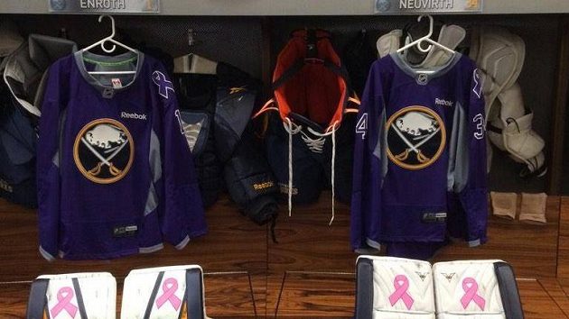 Gólmané Buffala měli na zápas s Edmontonem přichystané speciální betony na podporu charitativní kampaně Hokej proti rakovině. Gólmané Buffala měli na zápas s Edmontonem přichystané speciální betony na podporu charitativní kampaně Hokej proti rakovině.