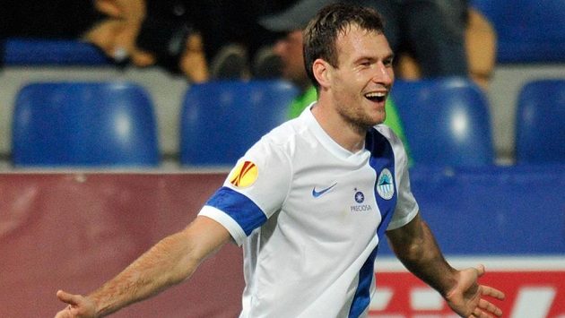 Liberecký útočník Michael Rabušic se raduje z gólu proti Seville. Liberecký útočník Michael Rabušic se raduje z gólu proti Seville.