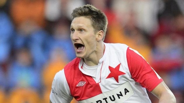 Útočník Slavie Milan Škoda se raduje z gólu, který vstřelil v samotném úvodu zápasu Spartě. Útočník Slavie Milan Škoda se raduje z gólu, který vstřelil v samotném úvodu zápasu Spartě.