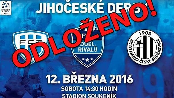 Jihočeské derby se bude hrát v jiný, zatím neurčený termín. Jihočeské derby se bude hrát v jiný, zatím neurčený termín.