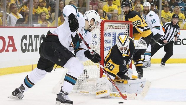 Tomáš Hertl se snaží ohrozit brankáře Pittsburghu Matta Murrayho. Potkají se ti dva ještě v letošním finále Stanley Cupu? Tomáš Hertl se snaží ohrozit brankáře Pittsburghu Matta Murrayho. Potkají se ti dva ještě v letošním finále Stanley Cupu?