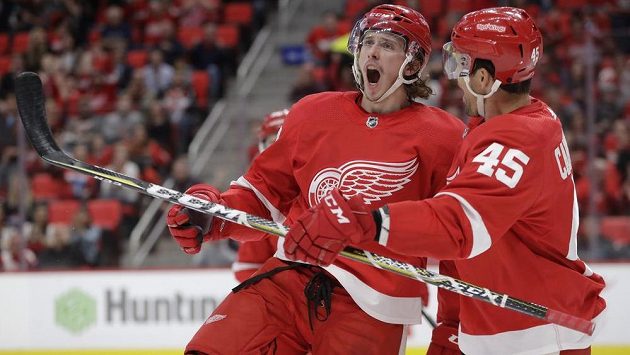 Obránce Libor Šulák z Detroitu Red Wings (vlevo) slaví svůj gól v přípravném utkání na nový ročník NHL. K zásahu mu gratuluje spoluhráč Colin Campbell. Nakonec ale bude český hokejista hrát za Lahti ve Finsku. Obránce Libor Šulák z Detroitu Red Wings (vlevo) slaví svůj gól v přípravném utkání na nový ročník NHL. K zásahu mu gratuluje spoluhráč Colin Campbell. Nakonec ale bude český hokejista hrát za Lahti ve Finsku.
