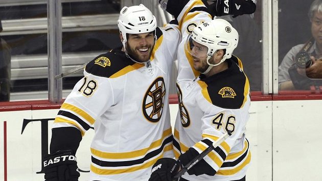Útočník Bostonu David Krejčí (vpravo) oslavuje se spoluhráčem Nathanem Hortonem svůj gól proti Pittsburghu. Útočník Bostonu David Krejčí (vpravo) oslavuje se spoluhráčem Nathanem Hortonem svůj gól proti Pittsburghu.