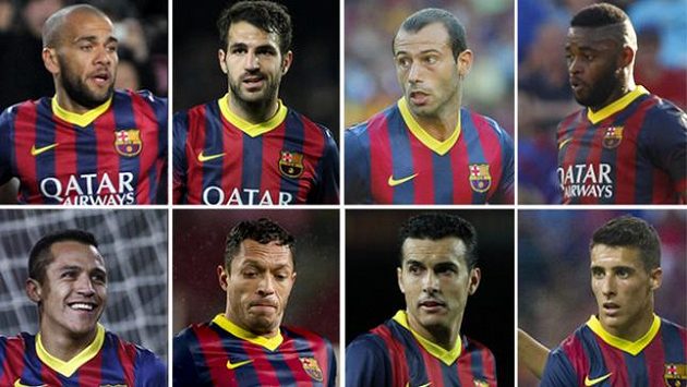 Dani Alves, Cesc Fábregas, Javier Mascherano, Alex Song, Alexis Sánchez, Adriano, Pedro a Cristian Tello. Ti všichni by mohli v létě opustit kádr Barcelony. Dani Alves, Cesc Fábregas, Javier Mascherano, Alex Song, Alexis Sánchez, Adriano, Pedro a Cristian Tello. Ti všichni by mohli v létě opustit kádr Barcelony.