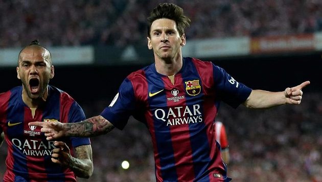 Barcelonský Lionel Messi slaví gól ve finále Španělského poháru. Barcelonský Lionel Messi slaví gól ve finále Španělského poháru.