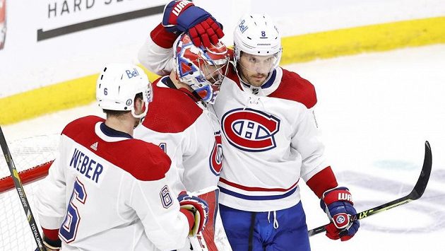 Z úvodní výhry Montrealu ve 2. kole play off NHL se radují (zleva) Shea Weber, brankář Carey Price a obránce Ben Chiarot. Z úvodní výhry Montrealu ve 2. kole play off NHL se radují (zleva) Shea Weber, brankář Carey Price a obránce Ben Chiarot.