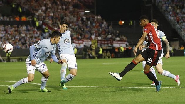 Marcus Rashford vstřelil jediný gól Manchesteru United v prvním semifinále Evropské ligy proti Vigu. Marcus Rashford vstřelil jediný gól Manchesteru United v prvním semifinále Evropské ligy proti Vigu.