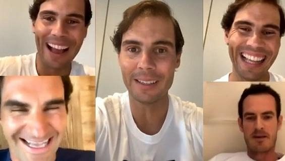 Rafael Nadal spolu s Andym Murraym a Rogerem Federerem pobavil fanoušky. Rafael Nadal spolu s Andym Murraym a Rogerem Federerem pobavil fanoušky.