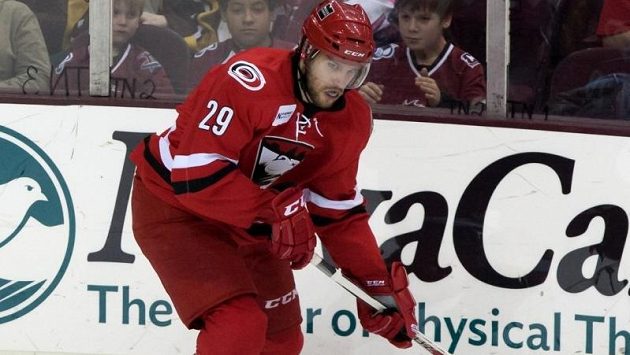 Obránce Michal Jordán v dresu Charlotte Checkers, farmářského týmu Caroliny Hurricanes. Obránce Michal Jordán v dresu Charlotte Checkers, farmářského týmu Caroliny Hurricanes.