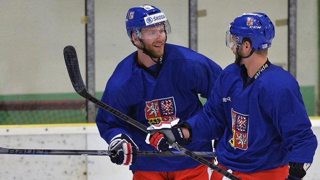 Útočníci Jiří Novotný (vlevo) a Martin Růžička diskutují na tréninku hokejové reprezentace ve Velkých Popovicích. Útočníci Jiří Novotný (vlevo) a Martin Růžička diskutují na tréninku hokejové reprezentace ve Velkých Popovicích.