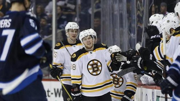 David Pastrňák (čelem) se raduje se spoluhráči z Bostonu poté, co vstřelil branku Winnipegu. David Pastrňák (čelem) se raduje se spoluhráči z Bostonu poté, co vstřelil branku Winnipegu.
