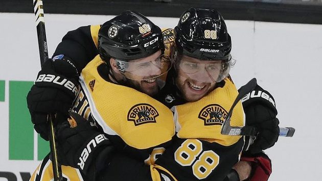 Hokejisté Bostonu Bruins David Pastrňák (vpravo) a David Krejčí (vlevo) oslavují branku do sítě Winnipegu Hokejisté Bostonu Bruins David Pastrňák (vpravo) a David Krejčí (vlevo) oslavují branku do sítě Winnipegu