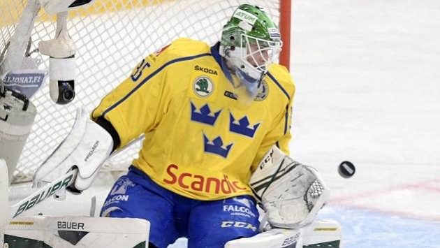 Brankář Niklas Svedberg v dresu švédské hokejové reprezentace. Brankář Niklas Svedberg v dresu švédské hokejové reprezentace.