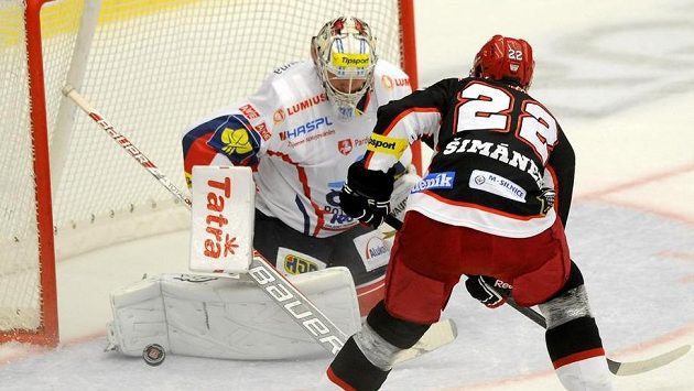 Brankář Robert Kristan z Pardubic a Jiří Šimánek z Hradce. Brankář Robert Kristan z Pardubic a Jiří Šimánek z Hradce.