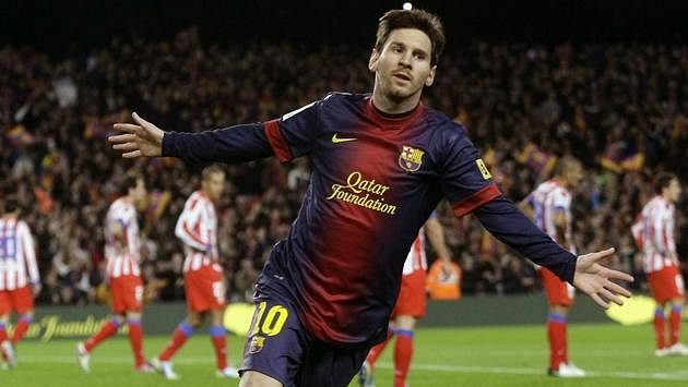 Barcelonský Lionel Messi slaví svůj gól proti Atlétiku Madrid. Barcelonský Lionel Messi slaví svůj gól proti Atlétiku Madrid.