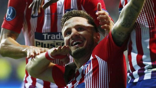Saúl Ňiguez z Atlética Madrid slaví trefu ve finále Superpoháru UEFA. Saúl Ňiguez z Atlética Madrid slaví trefu ve finále Superpoháru UEFA.