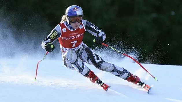 Ester Ledecká na trati při tréninku sjezdu v Ga-Pa. Ester Ledecká na trati při tréninku sjezdu v Ga-Pa.