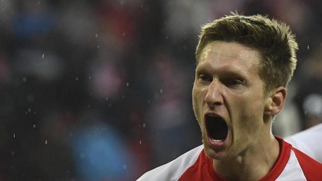 Milan Škoda ze Slavie se raduje z gólu. Milan Škoda ze Slavie se raduje z gólu.