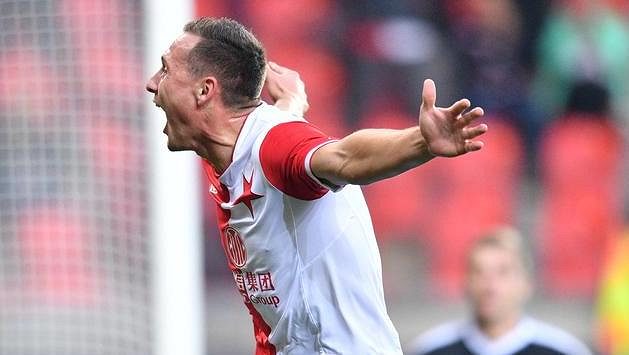 Fotbalista Slavie Jan Bořil se raduje ze vstřelené branky. Fotbalista Slavie Jan Bořil se raduje ze vstřelené branky.